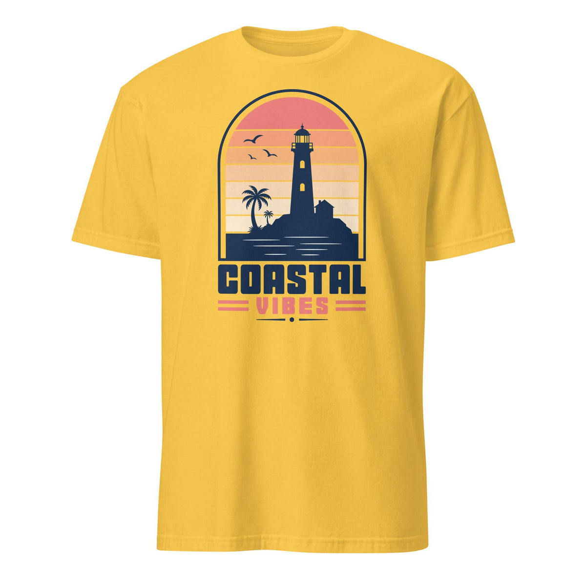 A yellow short-sleeve crewneck t-shirt featuring a retro graphic of a lighthouse at sunset with the text 'COASTAL VIBES' printed below it. Shop Nautical Lighthouse Sunset Coastal Graphic T-Shirt Casual Wear, featuring a vivid seaside design for beach lovers, sailors and sunset chasers. Add coastal charm to your wardrobe with the Nautical Lighthouse Sunset Coastal Graphic T-Shirt, perfect for ocean lovers and beach-day vibes. Buy the Nautical Lighthouse Sunset Coastal Graphic T-Shirt.