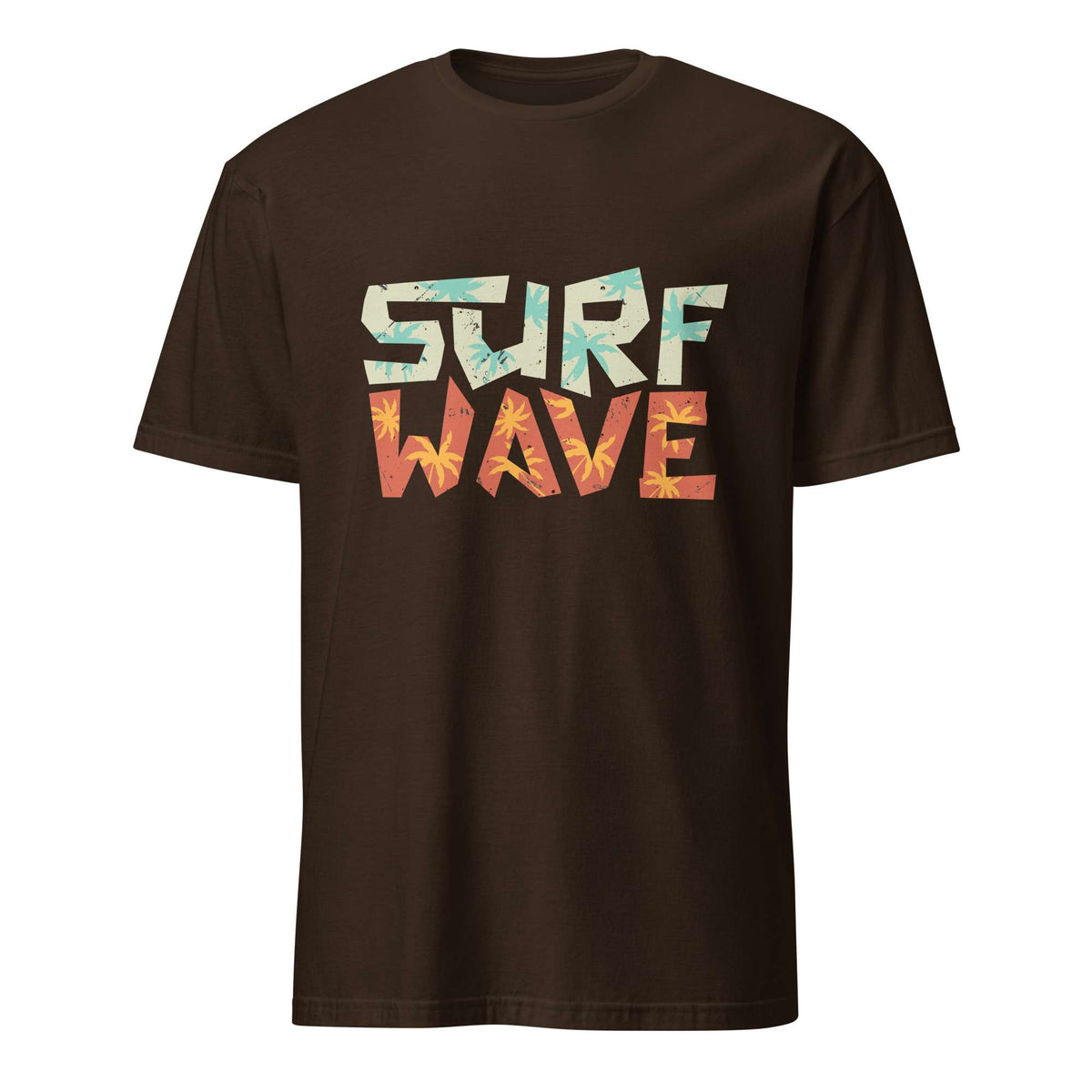 A dark brown short-sleeve t-shirt with a graphic text print reading 'SURF WAVE' across the chest. The top word 'SURF' is filled with a light blue and white distressed pattern, while the bottom word 'WAVE' is filled with a red, orange, and yellow distressed pattern.