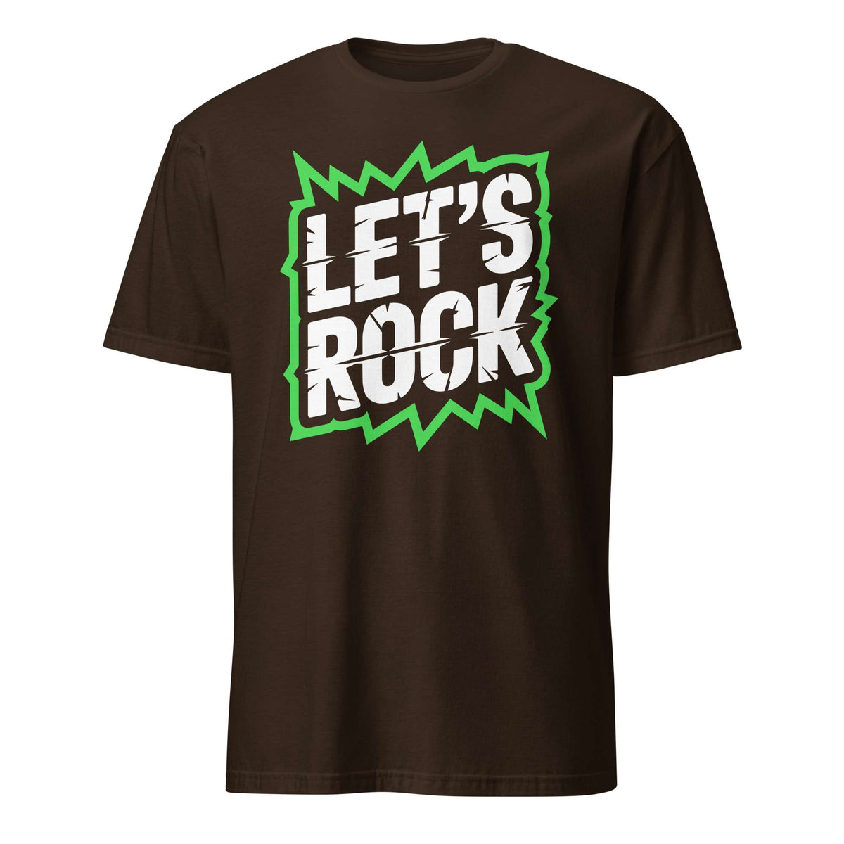 A dark brown short-sleeve t-shirt with a graphic on the chest that reads 'LET'S ROCK' in white distressed lettering inside a green jagged starburst shape, shown on a plain white background. Let's Rock Music Bold Typography Graphic T-Shirt Casual Wear Shop the Let's Rock Music Bold Typography Graphic T-Shirt Casual Wear for a standout look, soft comfort, and everyday rock-inspired style.