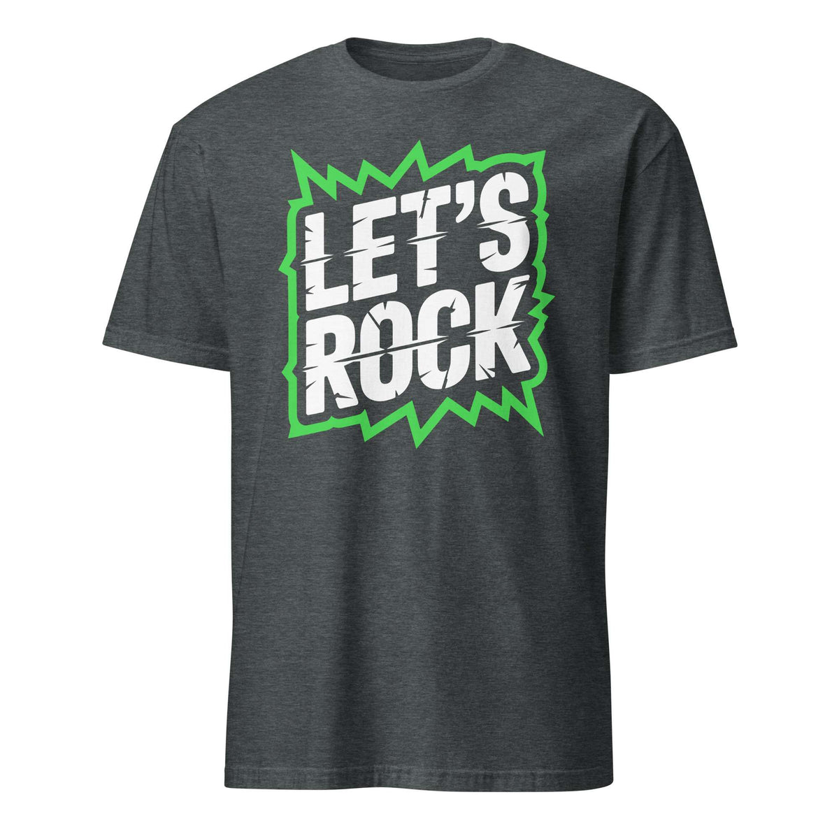 A dark heather gray t-shirt with a graphic on the chest that reads 'LET'S ROCK' in white distressed lettering inside a green jagged comic-style burst, shown on a plain white background. Let's Rock Music Bold Typography Graphic T-Shirt Casual Wear Shop the Let's Rock Music Bold Typography Graphic T-Shirt Casual Wear for a standout look, soft comfort, and everyday rock-inspired style.