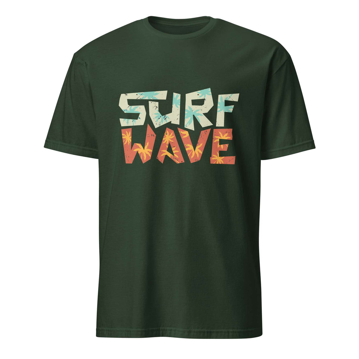 A dark green short-sleeve t-shirt with a distressed graphic on the chest reading 'SURF WAVE' in a retro, multi-colored patterned font, shown against a plain white background. Surf Wave Typography Lettering Graphic T-Shirt Casual Wear Shop the Surf Wave Lettering Typography Graphic T-Shirt Casual Wear design, featuring a laid-back coastal look for everyday outfits and beach days. Buy Surf Wave Lettering Typography Graphic T-Shirt Casual Wear for Sale Online.