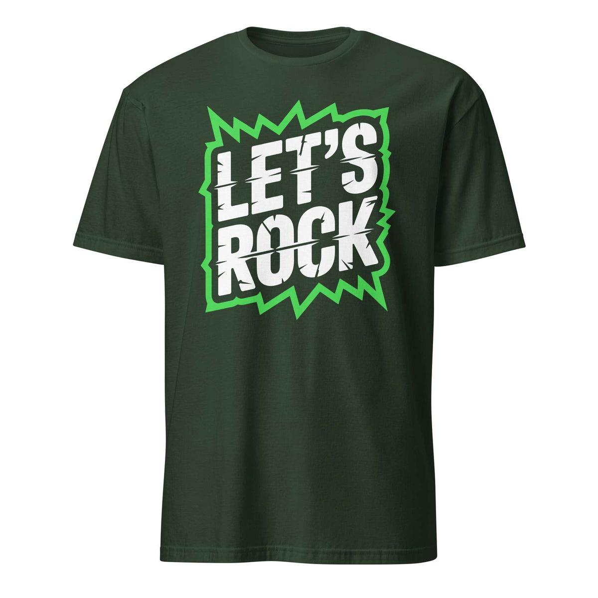 A dark green short-sleeve t-shirt with a graphic on the chest that reads 'LET'S ROCK' in white block letters inside a green jagged lightning-bolt shape, shown on a plain white background. Let's Rock Music Bold Typography Graphic T-Shirt Casual Wear Shop the Let's Rock Music Bold Typography Graphic T-Shirt Casual Wear for a standout look, soft comfort, and everyday rock-inspired style.