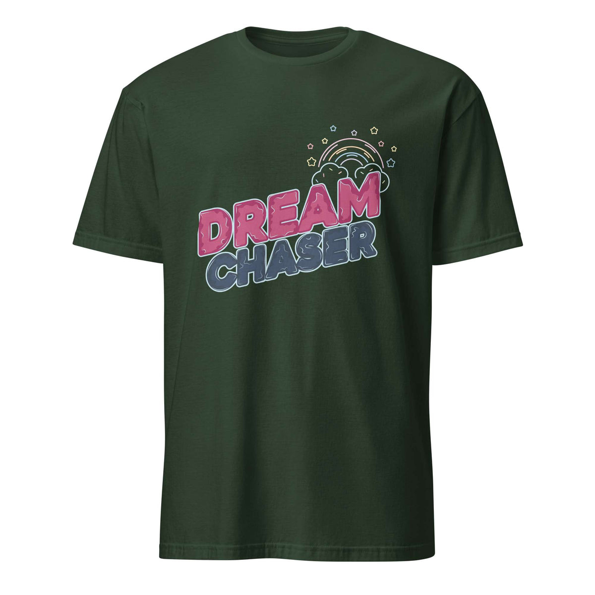 A dark green short-sleeve t-shirt with a colorful graphic on the chest featuring the words 'DREAM CHASER' in pink and blue retro-style lettering under a small rainbow illustration, shown on a plain white background. Minimal Dream Chaser Lettering Graphic T-Shirt Casual Wear Shop Minimal Dream Chaser Lettering Graphic T-Shirt Casual Wear for a clean, motivational look that pairs easily with your favorite outfits.