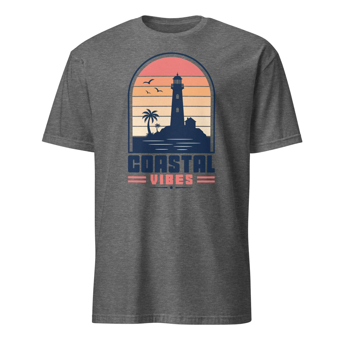 A heather gray short-sleeve t-shirt with a retro sunset graphic on the chest. The graphic features a lighthouse silhouette, palm trees, birds, and the text 'COASTAL VIBES' in navy and coral pink. Shop Nautical Lighthouse Sunset Coastal Graphic T-Shirt Casual Wear, featuring a vivid seaside design for beach lovers, sailors and sunset chasers. Add coastal charm to your wardrobe with the Nautical Lighthouse Sunset Coastal Graphic T-Shirt, perfect for ocean lovers and beach-day vibes.
