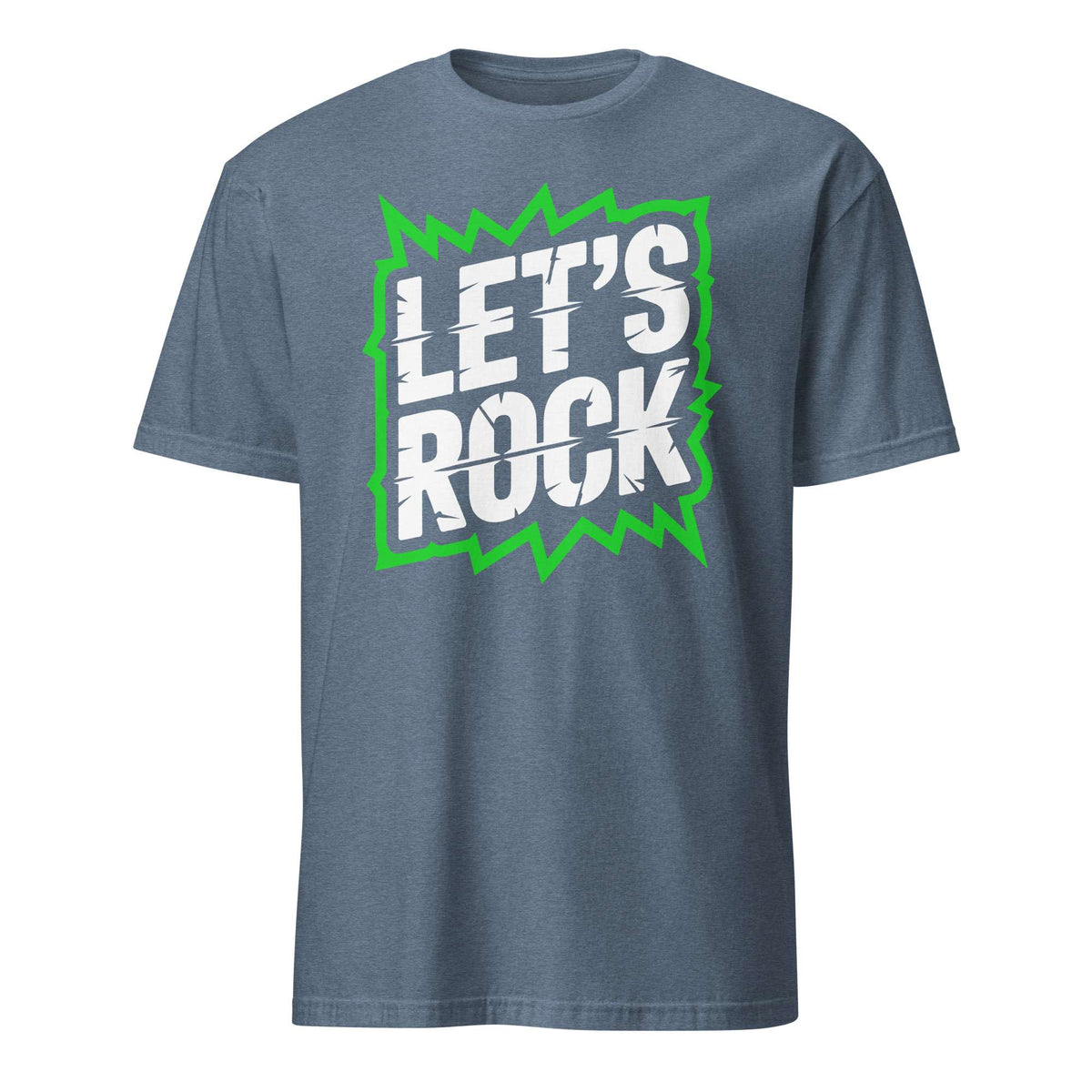 A heather slate blue short-sleeve t-shirt with a graphic on the chest reading 'LET'S ROCK' in white distressed letters inside a bright green jagged speech-bubble outline, shown on a plain white background. Let's Rock Music Bold Typography Graphic T-Shirt Casual Wear Shop the Let's Rock Music Bold Typography Graphic T-Shirt Casual Wear for a standout look, soft comfort, and everyday rock-inspired style.