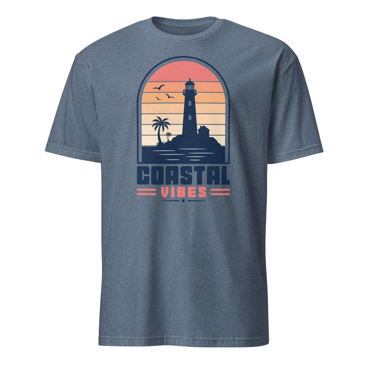 A heather slate blue crewneck t-shirt featuring a retro sunset graphic of a lighthouse, palm tree, and birds, with the text 'COASTAL VIBES' printed below. Shop Nautical Lighthouse Sunset Coastal Graphic T-Shirt Casual Wear, featuring a vivid seaside design for beach lovers, sailors and sunset chasers. Add coastal charm to your wardrobe with the Nautical Lighthouse Sunset Coastal Graphic T-Shirt, perfect for ocean lovers and beach-day vibes. Buy the Nautical Lighthouse Sunset Coastal Graphic T-Shirt.