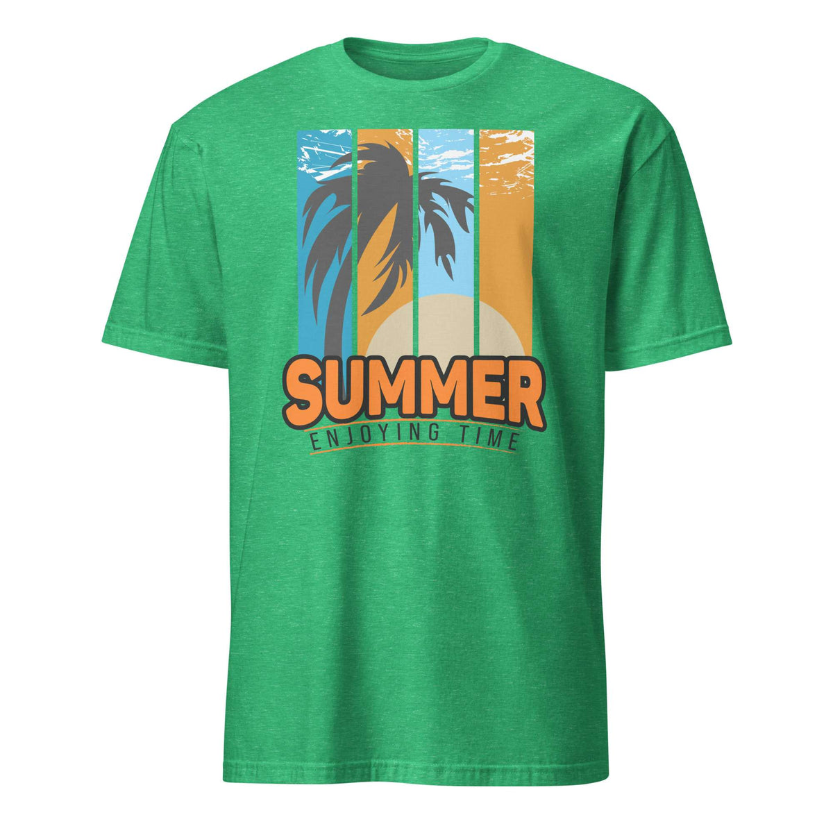 A green short-sleeve crewneck t-shirt featuring a retro vertical sunset graphic with palm trees and the text 'SUMMER ENJOYING TIME' on the front. Buy Summer Enjoying Time Palm Sunset Graphic T-Shirt Casual Wear Online for Sale Shop the Summer Enjoying Time Palm Sunset Graphic T-Shirt, featuring a vibrant tropical design perfect for beach days and warm escapes.