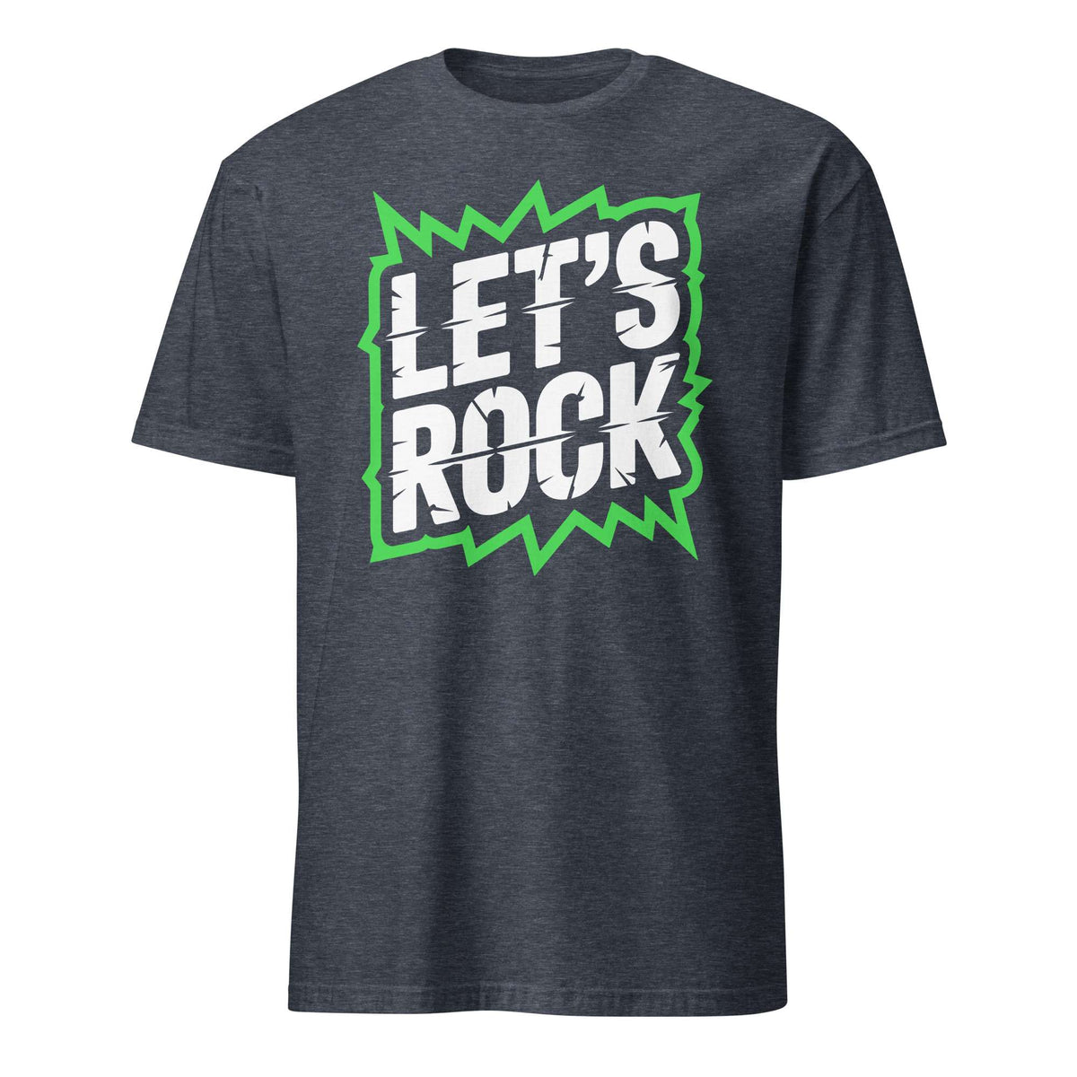 A dark heather gray t-shirt with a graphic on the chest that reads 'LET'S ROCK' in white distressed letters inside a green comic-style burst, shown on a plain white background. Let's Rock Music Bold Typography Graphic T-Shirt Casual Wear Shop the Let's Rock Music Bold Typography Graphic T-Shirt Casual Wear for a standout look, soft comfort, and everyday rock-inspired style.