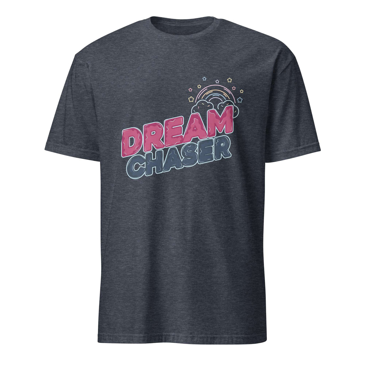 A dark heather gray t-shirt with a colorful graphic on the chest featuring the words 'DREAM CHASER' in pink and blue, under a small rainbow illustration, shown on a plain white background. Minimal Dream Chaser Lettering Graphic T-Shirt Casual Wear Shop Minimal Dream Chaser Lettering Graphic T-Shirt Casual Wear for a clean, motivational look that pairs easily with your favorite outfits.