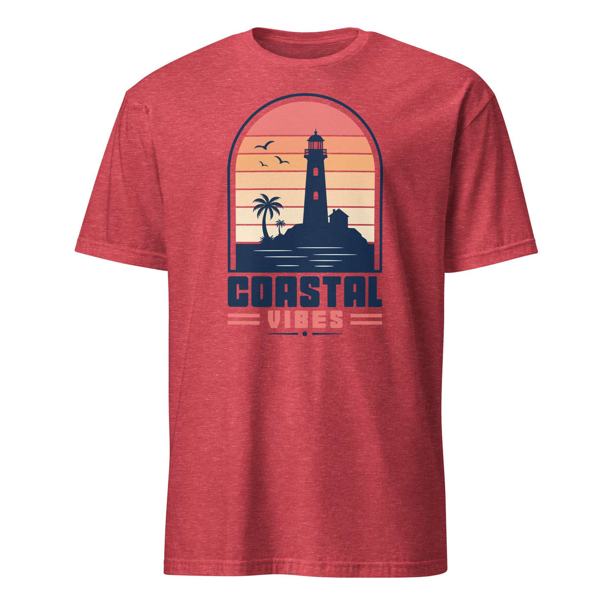A heather red short-sleeve t-shirt with a graphic print on the front showing a lighthouse silhouette, palm tree, birds, and the text 'COASTAL VIBES' in navy and coral. Shop Nautical Lighthouse Sunset Coastal Graphic T-Shirt Casual Wear, featuring a vivid seaside design for beach lovers, sailors and sunset chasers. Add coastal charm to your wardrobe with the Nautical Lighthouse Sunset Coastal Graphic T-Shirt, perfect for ocean lovers and beach-day vibes. Buy the Nautical Lighthouse Sunset Coastal Graphic Tee