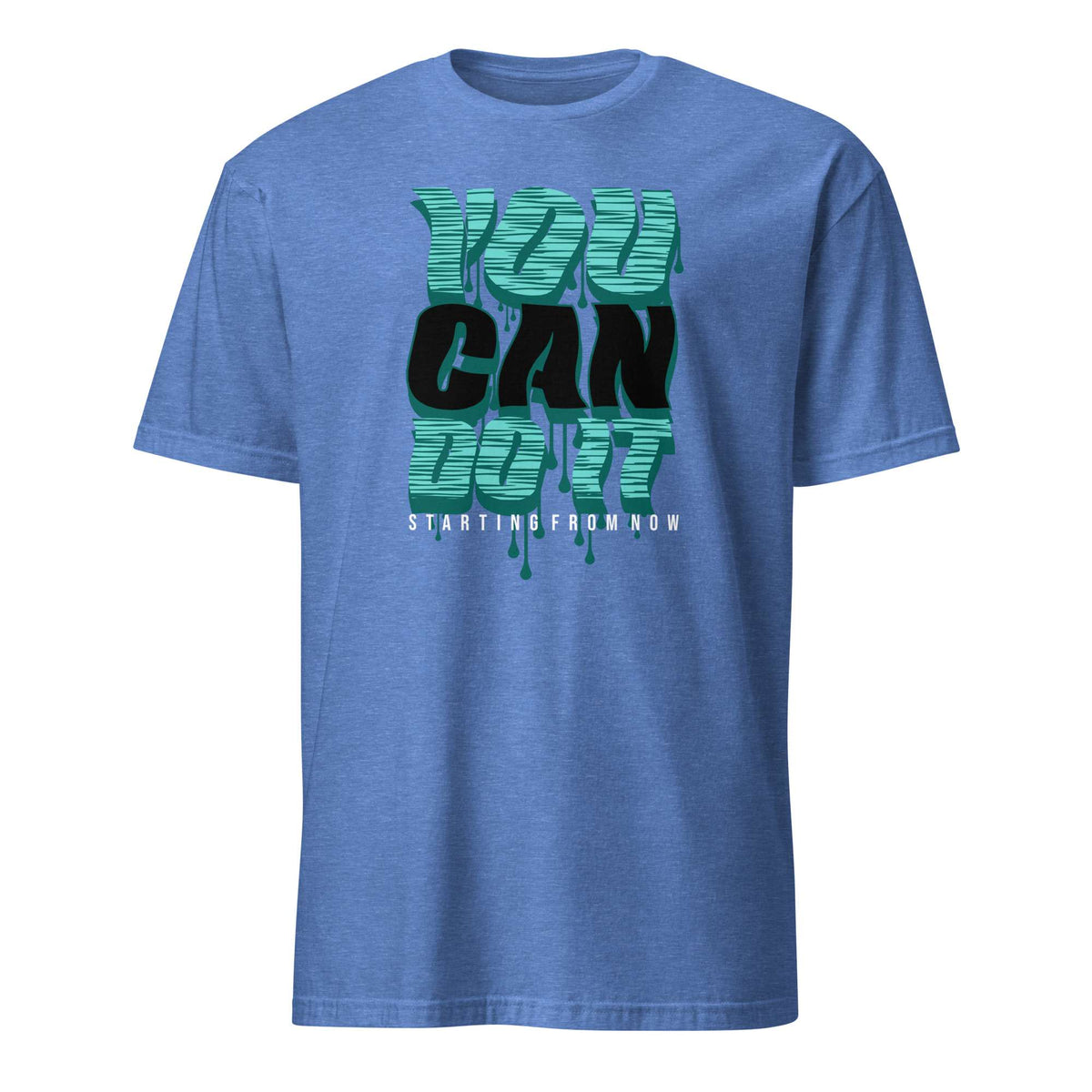 A heather blue short-sleeve t-shirt with a graphic on the chest reading 'YOU CAN DO IT' in dripping teal and black letters, with 'STARTING FROM NOW' in small white text below, shown on a plain white background. You Can Do It Slogan Typography Graphic T-Shirt Casual Wear Shop the You Can Do It Slogan Typography Graphic T-Shirt for bold motivational style, everyday confidence, and effortlessly casual outfits.
