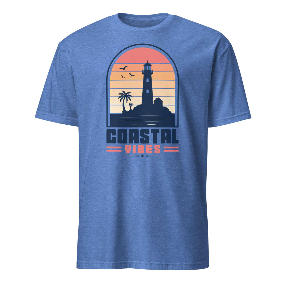 A heather blue short-sleeve t-shirt with a retro sunset graphic on the chest showing a lighthouse, palm tree, birds, and the text 'COASTAL VIBES' in navy and coral. Shop Nautical Lighthouse Sunset Coastal Graphic T-Shirt Casual Wear, featuring a vivid seaside design for beach lovers, sailors and sunset chasers. Add coastal charm to your wardrobe with the Nautical Lighthouse Sunset Coastal Graphic T-Shirt, perfect for ocean lovers and beach-day vibes. Buy the Nautical Lighthouse Sunset Coastal Graphic Tee.