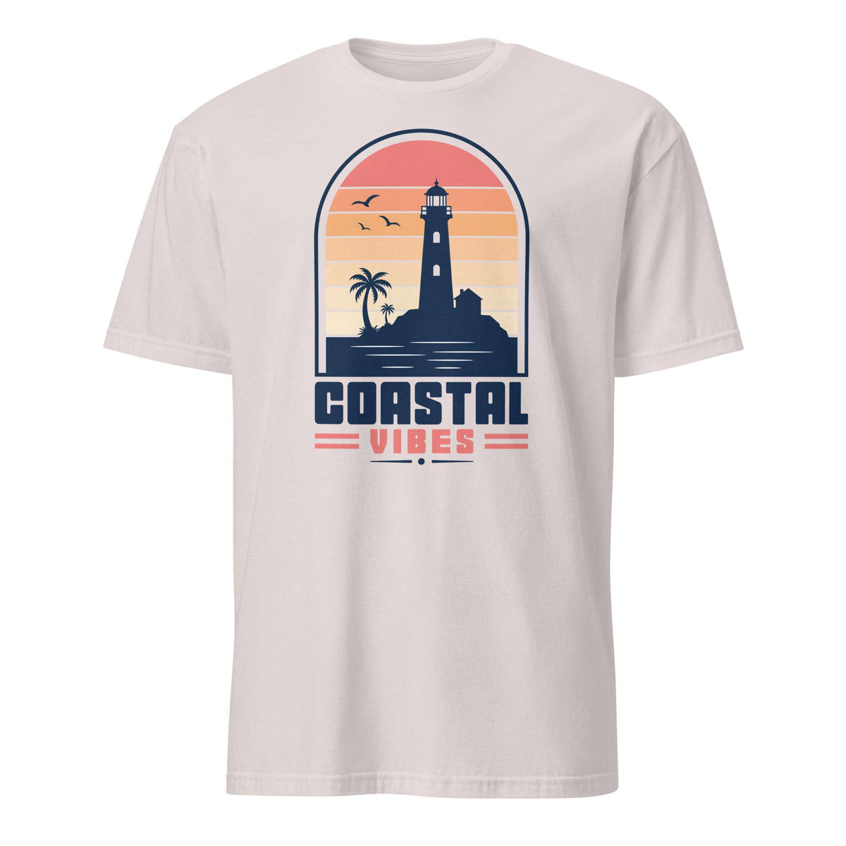 A light beige crewneck t-shirt featuring a retro-style graphic of a lighthouse under a sunset sky with the text 'COASTAL VIBES' printed below it. Shop Nautical Lighthouse Sunset Coastal Graphic T-Shirt Casual Wear, featuring a vivid seaside design for beach lovers, sailors and sunset chasers. Add coastal charm to your wardrobe with the Nautical Lighthouse Sunset Coastal Graphic T-Shirt, perfect for ocean lovers and beach-day vibes. Buy the Nautical Lighthouse Sunset Coastal Graphic T-Shirt.