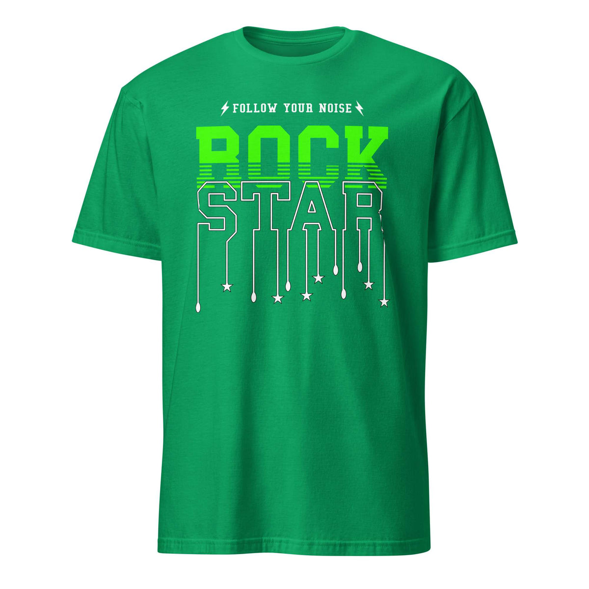 A green short-sleeve crewneck t-shirt with a graphic on the front reading 'FOLLOW YOUR NOISE ROCK STAR' in white and neon green, displayed on a solid white background. Follow Your Noise Rock Star Neon Music T-Shirt Casual Wear Shop Follow Your Noise Rock Star Neon Music T-Shirt Casual Wear for vibrant, rock-inspired fashion that adds energy to your casual wardrobe.