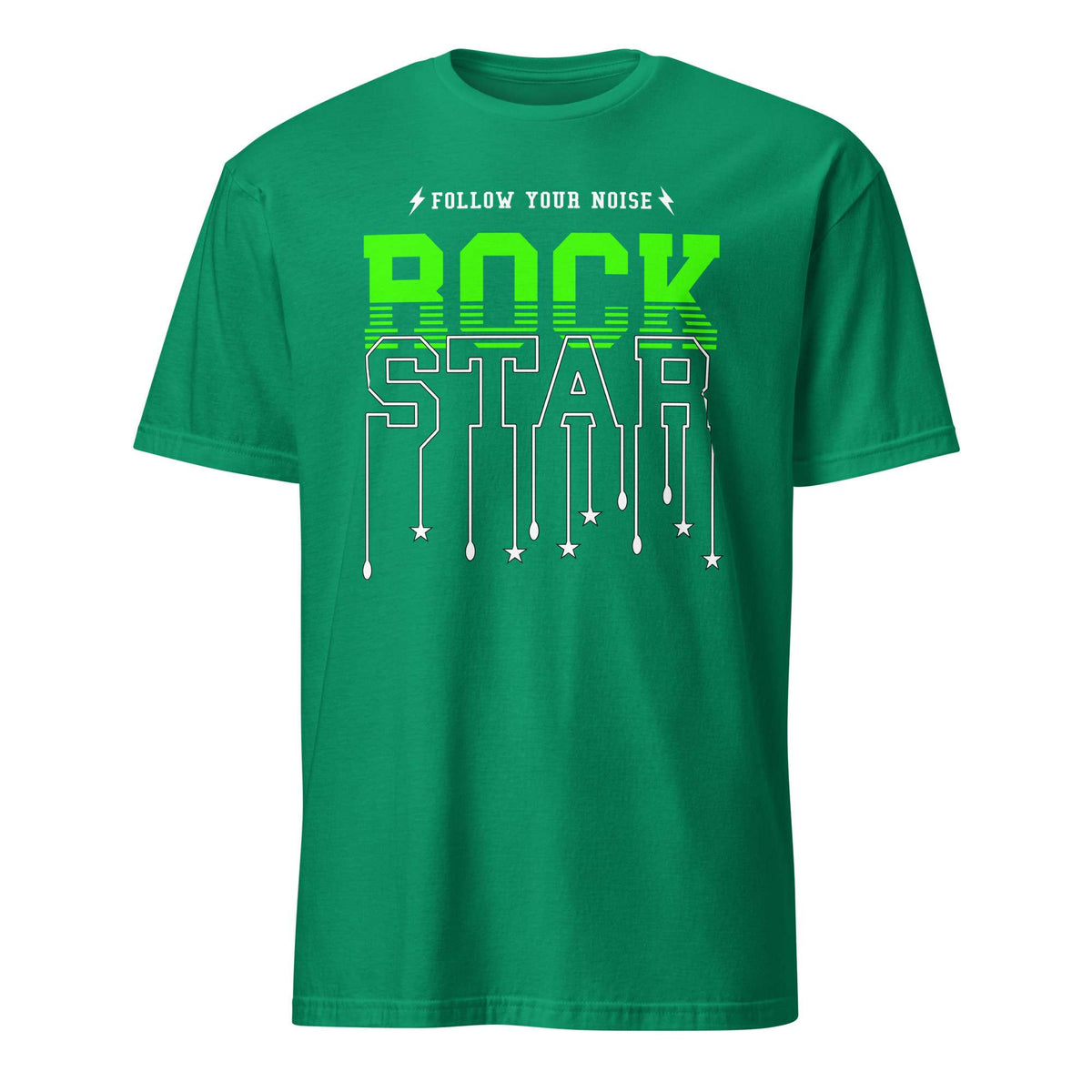 A green short-sleeve crewneck t-shirt with a graphic on the front reading 'FOLLOW YOUR NOISE ROCK STAR' in white and neon green, displayed on a solid white background. Follow Your Noise Rock Star Neon Music T-Shirt Casual Wear Shop Follow Your Noise Rock Star Neon Music T-Shirt Casual Wear for vibrant, rock-inspired fashion that adds energy to your casual wardrobe.