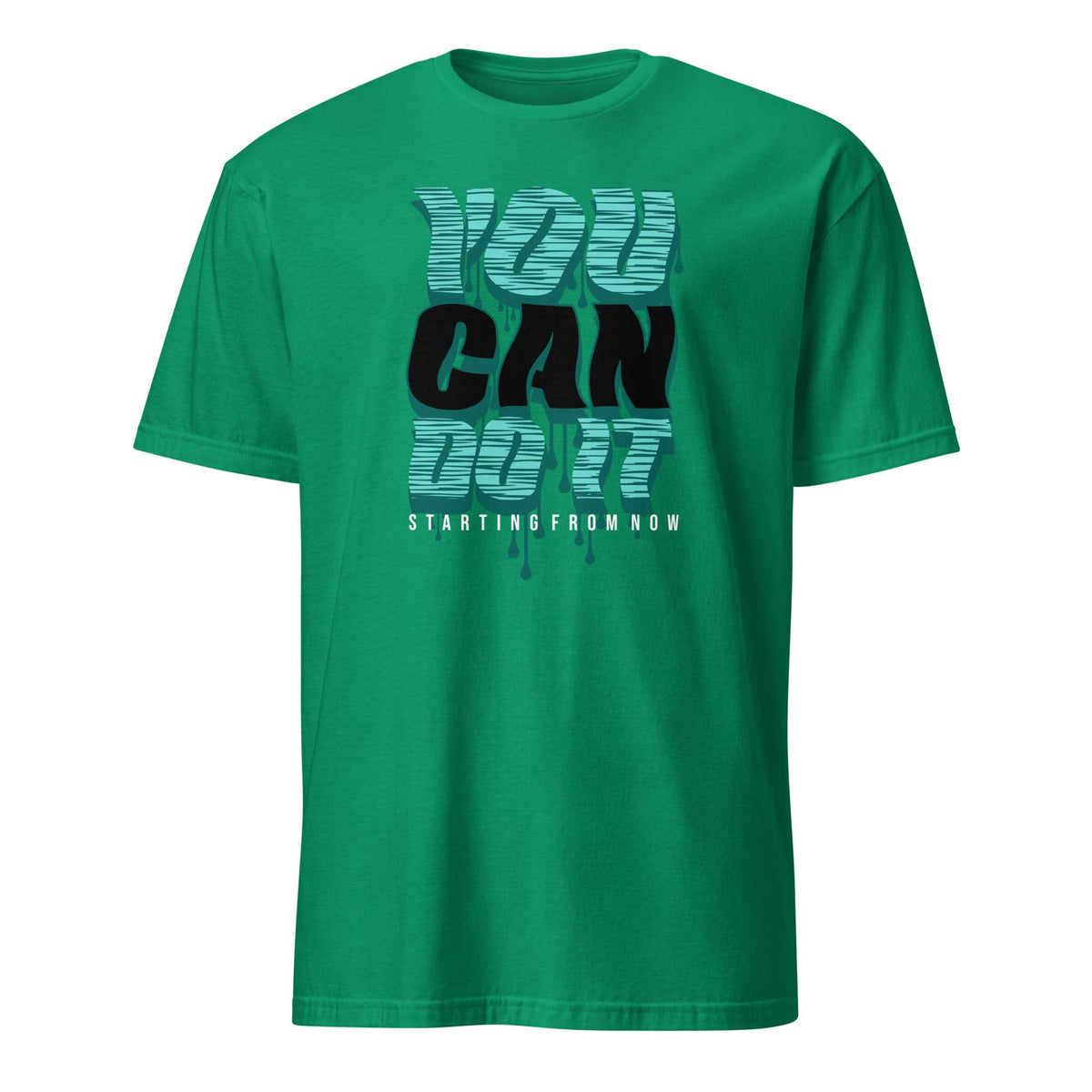 A green short-sleeve crewneck t-shirt featuring a graphic on the front that reads 'YOU CAN DO IT' in textured light blue and solid black letters, with 'STARTING FROM NOW' printed below in white. You Can Do It Slogan Typography Graphic T-Shirt Casual Wear Shop the You Can Do It Slogan Typography Graphic T-Shirt for bold motivational style, everyday confidence, and effortlessly casual outfits.