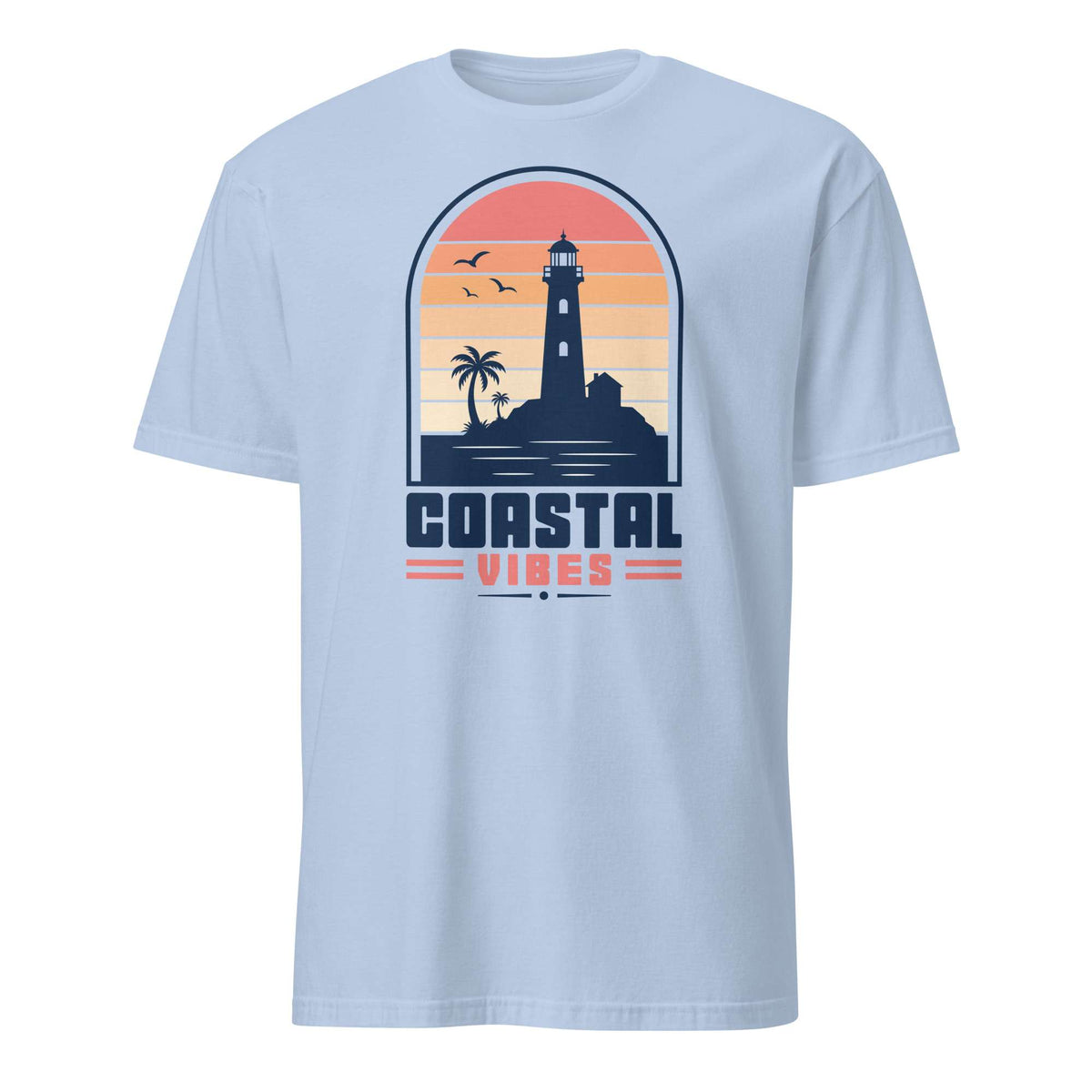 A light blue crewneck t-shirt featuring a retro-style graphic of a lighthouse on a rocky island under a sunset sky, with the text 'COASTAL VIBES' printed below. Shop Nautical Lighthouse Sunset Coastal Graphic T-Shirt Casual Wear, featuring a vivid seaside design for beach lovers, sailors and sunset chasers. Add coastal charm to your wardrobe with the Nautical Lighthouse Sunset Coastal Graphic T-Shirt, perfect for ocean lovers and beach-day vibes. Buy the Nautical Lighthouse Sunset Coastal Graphic T-Shirt.