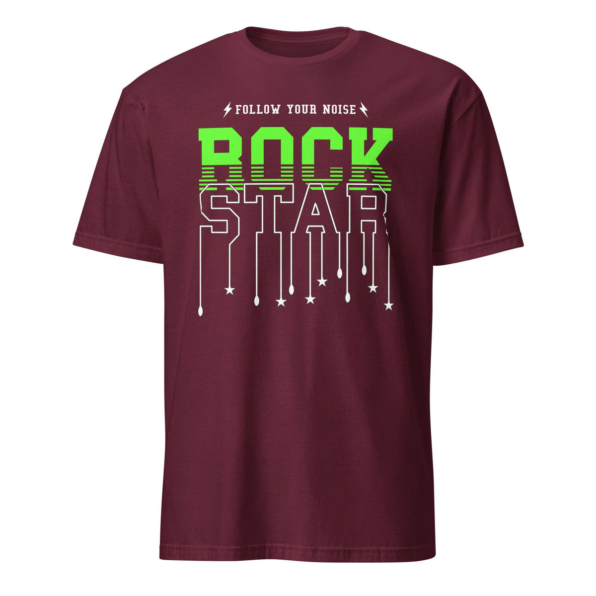 A maroon short-sleeve crewneck t-shirt featuring a graphic print on the front. The design reads 'FOLLOW YOUR NOISE' in white above 'ROCK STAR' in a bold green and white dripping font with small stars hanging down. Follow Your Noise Rock Star Neon Music T-Shirt Casual Wear Shop Follow Your Noise Rock Star Neon Music T-Shirt Casual Wear for vibrant, rock-inspired fashion that adds energy to your casual wardrobe.
