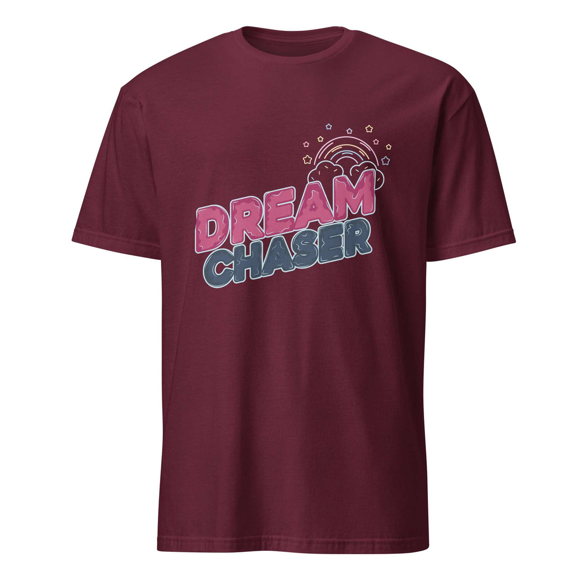 A maroon short-sleeve crewneck t-shirt featuring a colorful graphic on the chest that reads 'DREAM CHASER' in pink and blue lettering with a small rainbow and stars above it, shown against a plain white background. Minimal Dream Chaser Lettering Graphic T-Shirt Casual Wear Shop Minimal Dream Chaser Lettering Graphic T-Shirt Casual Wear for a clean, motivational look that pairs easily with your favorite outfits.