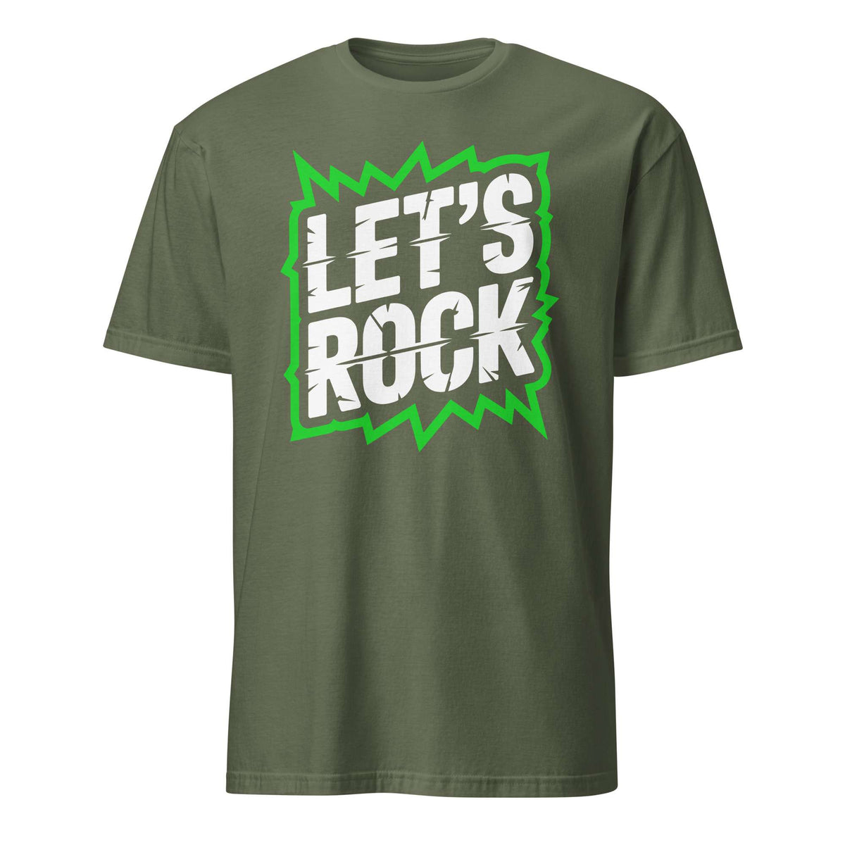 An olive green short-sleeve t-shirt with a graphic on the chest that reads 'LET'S ROCK' in white block letters inside a bright green jagged lightning-bolt shape, shown on a plain white background. Let's Rock Music Bold Typography Graphic T-Shirt Casual Wear Shop the Let's Rock Music Bold Typography Graphic T-Shirt Casual Wear for a standout look, soft comfort, and everyday rock-inspired style.