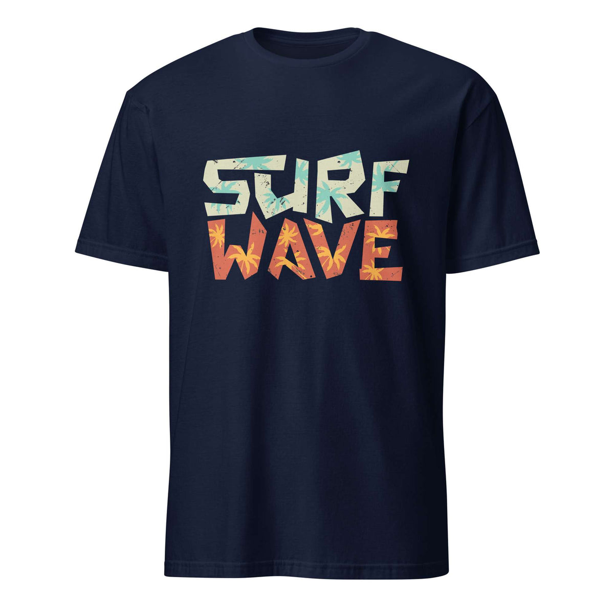 A navy blue short-sleeve crewneck t-shirt featuring a distressed graphic print on the chest that reads 'SURF WAVE' in a geometric, multi-colored pattern of teal, orange, and yellow. Surf Wave Typography Lettering Graphic T-Shirt Casual Wear Shop the Surf Wave Lettering Typography Graphic T-Shirt Casual Wear design, featuring a laid-back coastal look for everyday outfits and beach days. Buy Surf Wave Lettering Typography Graphic T-Shirt Casual Wear for Sale Online.