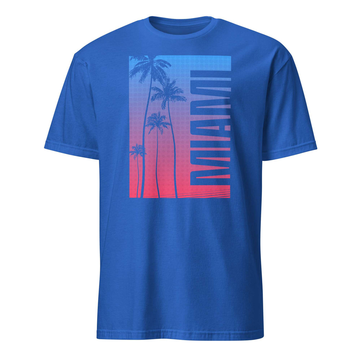 A royal blue short-sleeve crewneck t-shirt featuring a vertical rectangular graphic on the chest with palm tree silhouettes and the word 'MIAMI' in blue over a red-to-blue gradient background.