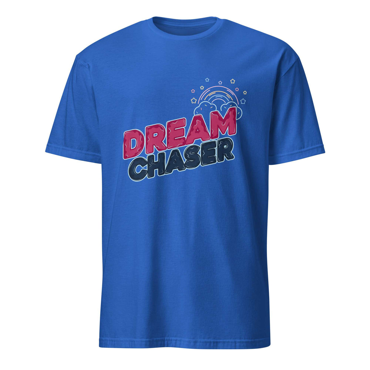 A royal blue short-sleeve crewneck t-shirt featuring a graphic on the chest that reads 'DREAM CHASER' in red and black bubble lettering with a small rainbow and starburst illustration above it, shown against a plain white background. Minimal Dream Chaser Lettering Graphic T-Shirt Casual Wear Shop Minimal Dream Chaser Lettering Graphic T-Shirt Casual Wear for a clean, motivational look that pairs easily with your favorite outfits.