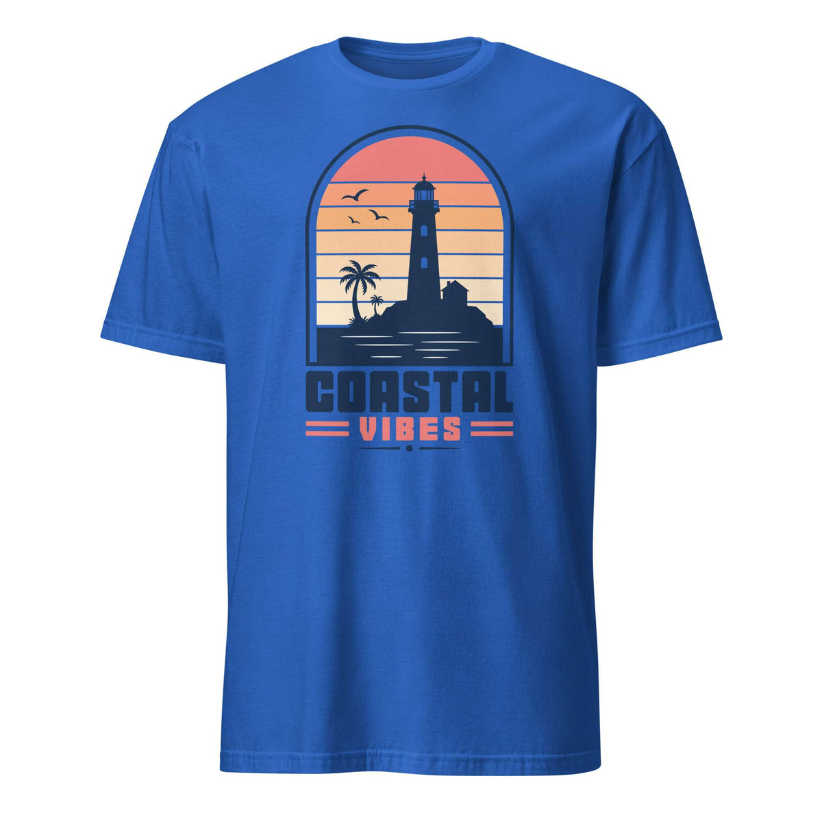 A royal blue short-sleeve crewneck t-shirt featuring a retro graphic of a lighthouse on a beach at sunset with the text 'COASTAL VIBES'. Shop Nautical Lighthouse Sunset Coastal Graphic T-Shirt Casual Wear, featuring a vivid seaside design for beach lovers, sailors and sunset chasers. Add coastal charm to your wardrobe with the Nautical Lighthouse Sunset Coastal Graphic T-Shirt, perfect for ocean lovers and beach-day vibes. Buy the Nautical Lighthouse Sunset Coastal Graphic T-Shirt.