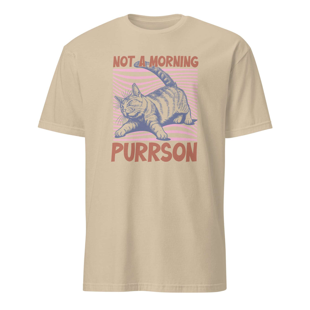A beige crewneck t-shirt featuring a retro-style graphic of a sleeping tabby cat on pink striped background with the text 'NOT A MORNING PURRSON' in dusty red. Shop Not a Morning Person Cat Quote Lettering T-Shirt Casual Wear, a humorous everyday style for coffee fans and feline friends. Express your sleepy side with the Not a Morning Person Cat Quote Lettering T-Shirt Casual Wear tee—a fun gift for laid-back cat lovers. You've now found the staple t-shirt of your wardrobe. It's made 100% ring-spun cotton.