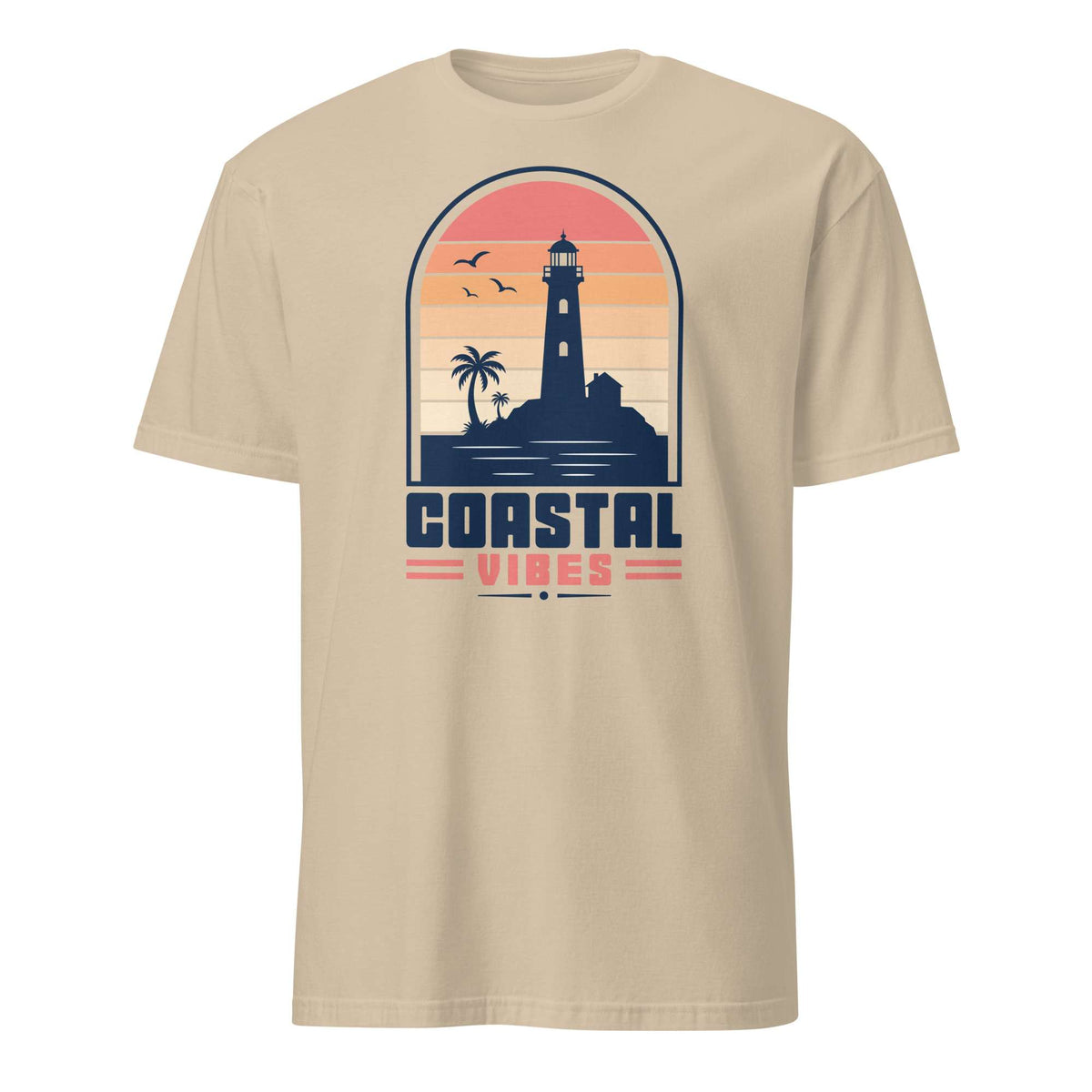 A beige short-sleeve crewneck t-shirt featuring a retro-style graphic of a lighthouse on a beach at sunset with the text 'COASTAL VIBES'. Shop Nautical Lighthouse Sunset Coastal Graphic T-Shirt Casual Wear, featuring a vivid seaside design for beach lovers, sailors and sunset chasers. Add coastal charm to your wardrobe with the Nautical Lighthouse Sunset Coastal Graphic T-Shirt, perfect for ocean lovers and beach-day vibes. Buy the Nautical Lighthouse Sunset Coastal Graphic T-Shirt.