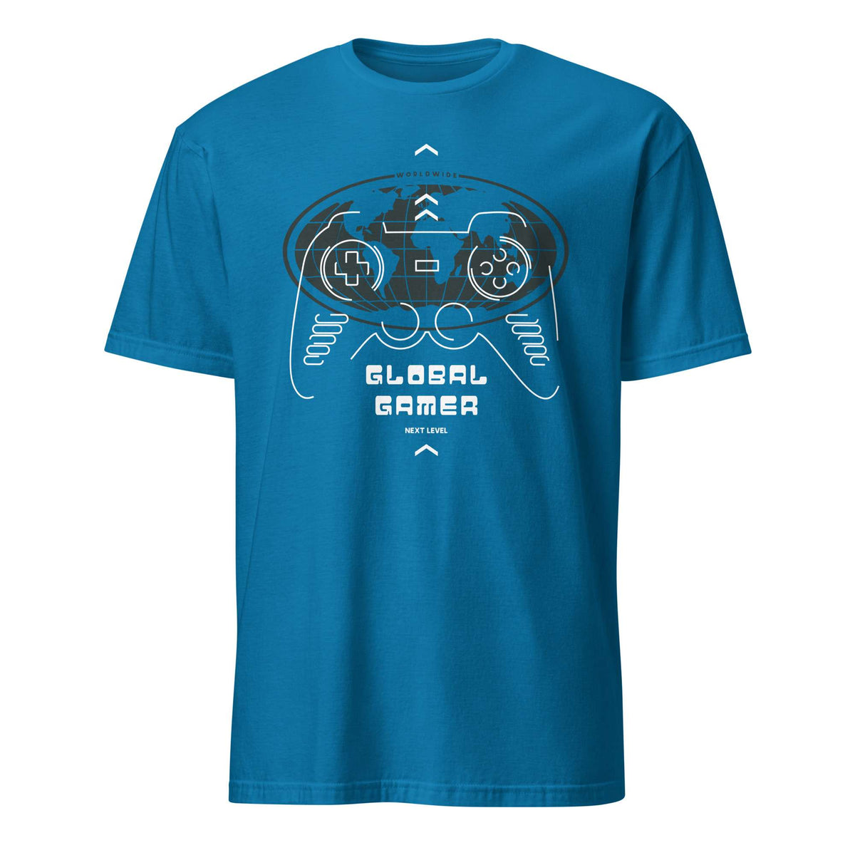 A bright blue short-sleeve t-shirt with a distressed white and dark gray video game controller graphic and the text 'GLOBAL GAMER' on the front, displayed against a solid white background. Minimalist Joystick Gamepad Graphic T-Shirt Casual Wear Shop Minimalist Joystick Gamepad Graphic T-Shirt Casual Wear, a clean, comfortable tee for gamers who love understated everyday style. Upgrade your gamer wardrobe with Minimalist Joystick Gamepad Graphic T-Shirt Casual Wear—simple, stylish, and made for relaxed days.