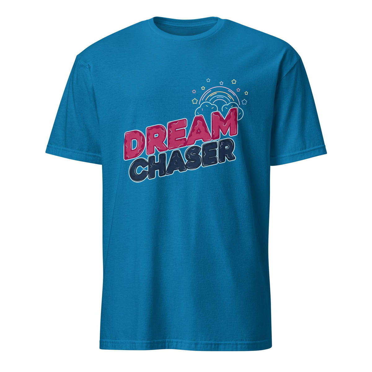 A bright blue short-sleeve crewneck t-shirt featuring a 'DREAM CHASER' graphic on the chest with a small rainbow and sparkle design, shown against a plain white background. Minimal Dream Chaser Lettering Graphic T-Shirt Casual Wear Shop Minimal Dream Chaser Lettering Graphic T-Shirt Casual Wear for a clean, motivational look that pairs easily with your favorite outfits.