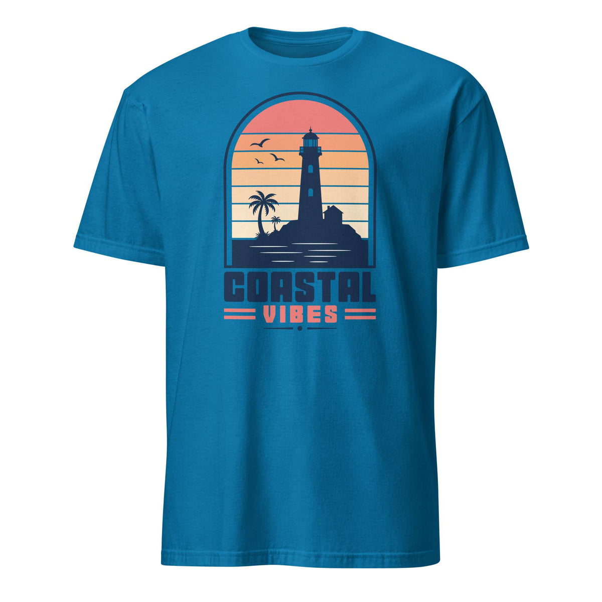 A teal short-sleeve crewneck t-shirt featuring a retro sunset graphic on the chest with a lighthouse, palm tree, birds, and the text 'COASTAL VIBES'. Shop Nautical Lighthouse Sunset Coastal Graphic T-Shirt Casual Wear, featuring a vivid seaside design for beach lovers, sailors and sunset chasers. Add coastal charm to your wardrobe with the Nautical Lighthouse Sunset Coastal Graphic T-Shirt, perfect for ocean lovers and beach-day vibes. Buy the Nautical Lighthouse Sunset Coastal Graphic T-Shirt.