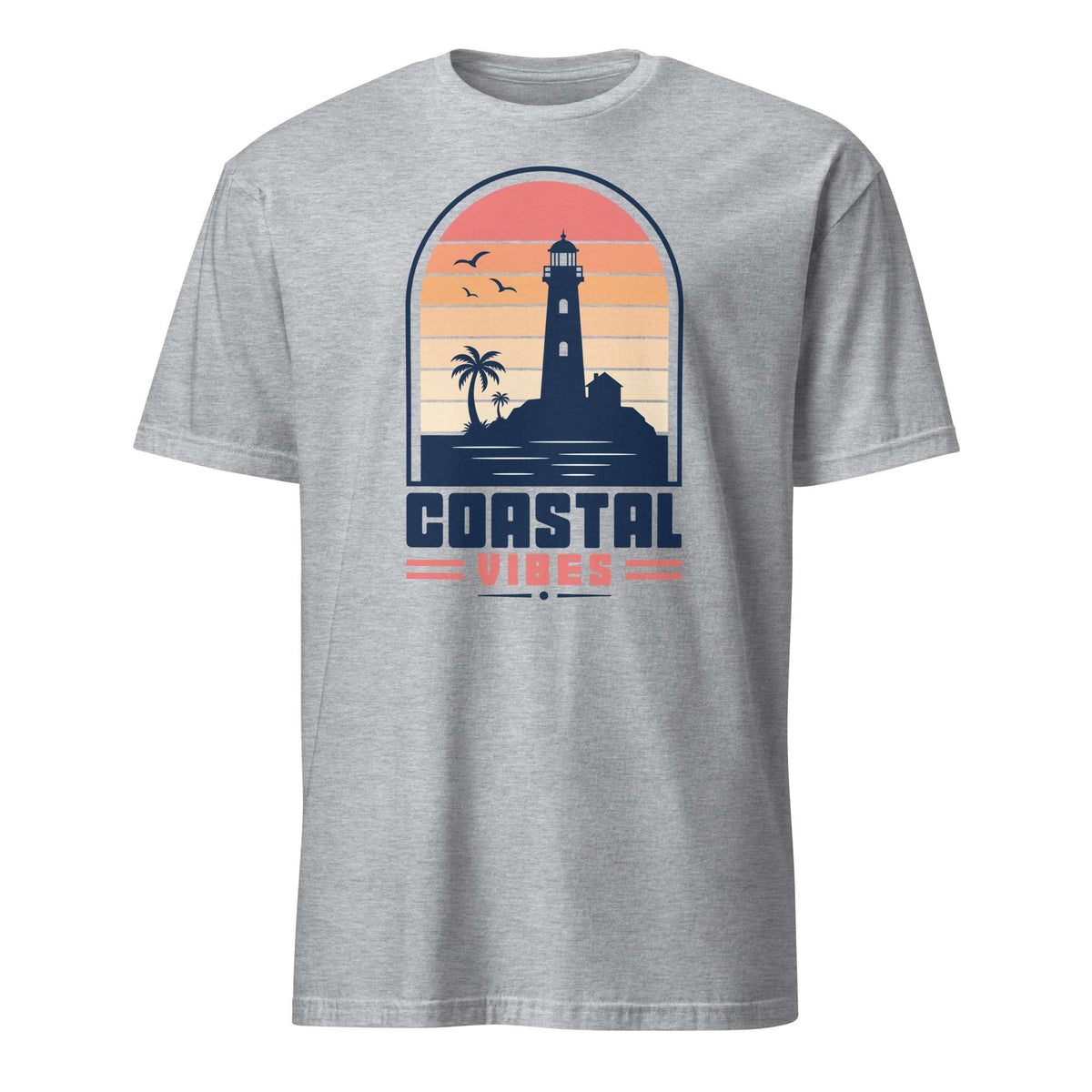 A heather gray short-sleeve t-shirt with a retro-style coastal graphic on the chest, featuring a lighthouse, palm tree, birds, and the text 'COASTAL VIBES' in navy and coral pink. Shop Nautical Lighthouse Sunset Coastal Graphic T-Shirt Casual Wear, featuring a vivid seaside design for beach lovers, sailors and sunset chasers. Add coastal charm to your wardrobe with the Nautical Lighthouse Sunset Coastal Graphic T-Shirt, perfect for ocean lovers and beach-day vibes. Buy the Nautical Lighthouse Sunset Tee.