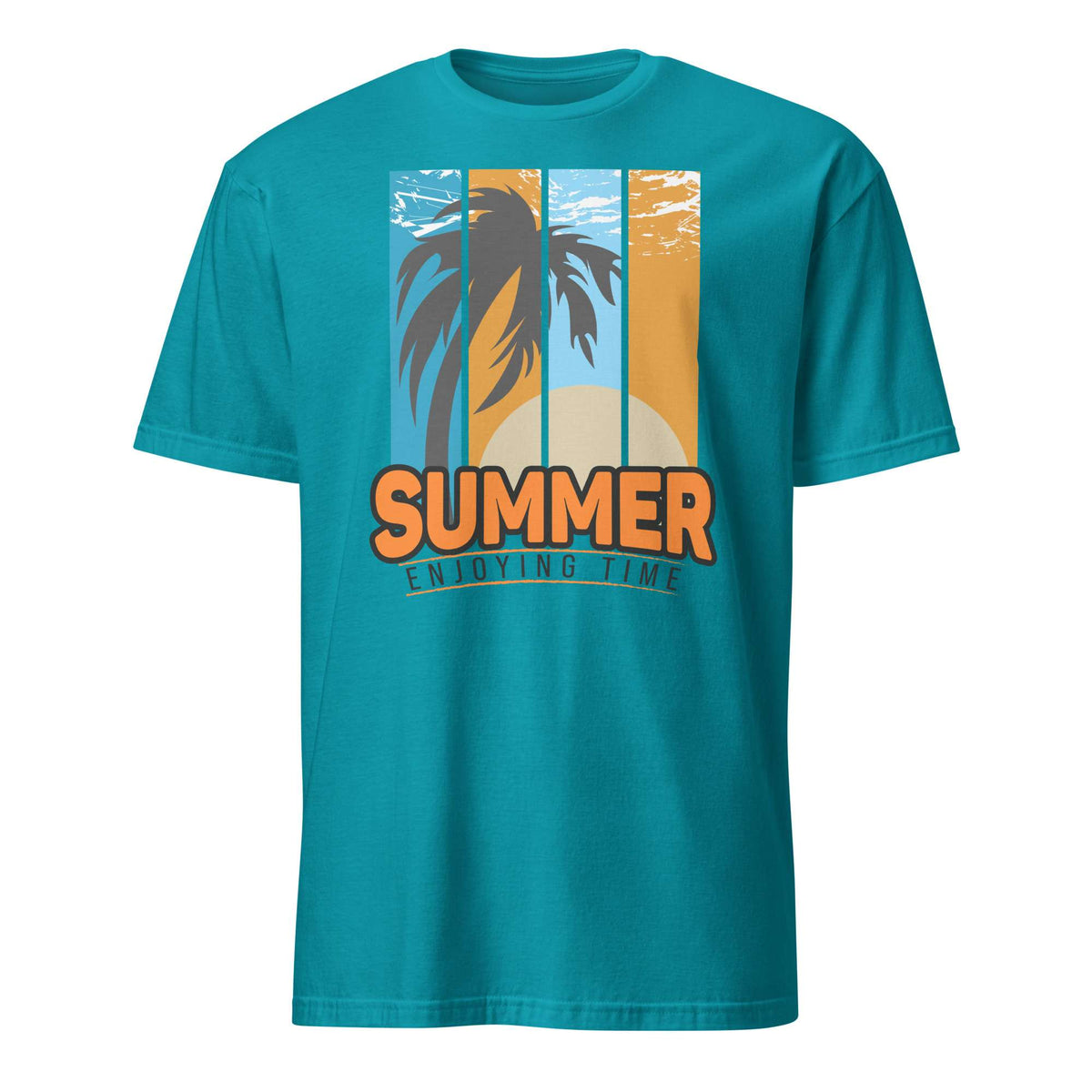 A teal short-sleeve crewneck t-shirt featuring a retro summer graphic with a palm tree, a sunset, and the text 'SUMMER ENJOYING TIME' on the front. Buy Summer Enjoying Time Palm Sunset Graphic T-Shirt Casual Wear Online for Sale Shop the Summer Enjoying Time Palm Sunset Graphic T-Shirt, featuring a vibrant tropical design perfect for beach days and warm escapes.