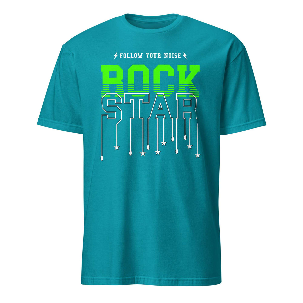 A teal short-sleeve t-shirt with a graphic on the chest that reads 'FOLLOW YOUR NOISE ROCK STAR' in white and neon green, displayed on a solid white background. Follow Your Noise Rock Star Neon Music T-Shirt Casual Wear Shop Follow Your Noise Rock Star Neon Music T-Shirt Casual Wear for vibrant, rock-inspired fashion that adds energy to your casual wardrobe.