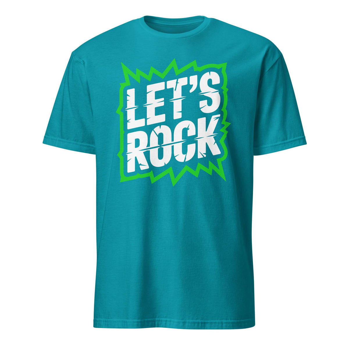 A teal short-sleeve crewneck t-shirt featuring a graphic on the chest with the words 'LET'S ROCK' in white distressed lettering inside a bright green jagged starburst shape, shown on a plain white background. Let's Rock Music Bold Typography Graphic T-Shirt Casual Wear Shop the Let's Rock Music Bold Typography Graphic T-Shirt Casual Wear for a standout look, soft comfort, and everyday rock-inspired style.