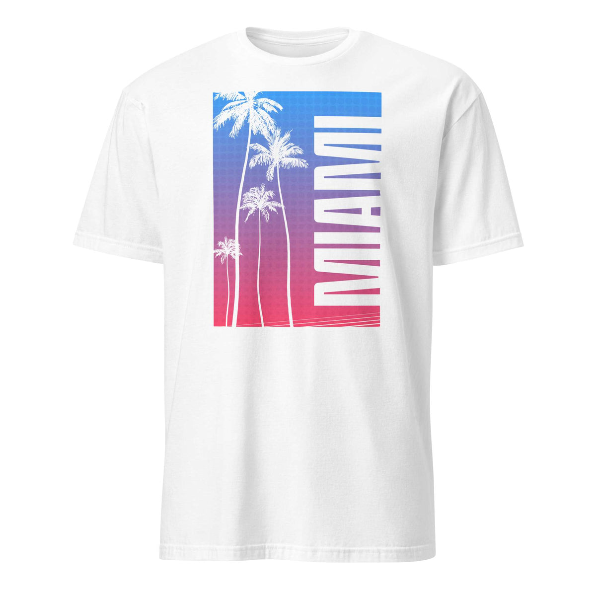 A white short-sleeve crewneck t-shirt featuring a vertical rectangular graphic on the chest with white palm tree silhouettes, a blue-to-pink gradient background, and the word 'MIAMI' printed vertically in white.