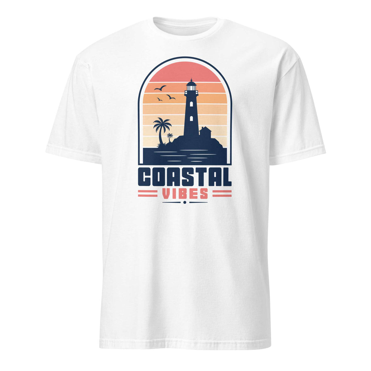 A white short-sleeve crewneck t-shirt featuring a retro graphic of a lighthouse on a beach with a sunset background and the text 'COASTAL VIBES'. Shop Nautical Lighthouse Sunset Coastal Graphic T-Shirt Casual Wear, featuring a vivid seaside design for beach lovers, sailors and sunset chasers. Add coastal charm to your wardrobe with the Nautical Lighthouse Sunset Coastal Graphic T-Shirt, perfect for ocean lovers and beach-day vibes. Buy the Nautical Lighthouse Sunset Coastal Graphic T-Shirt.