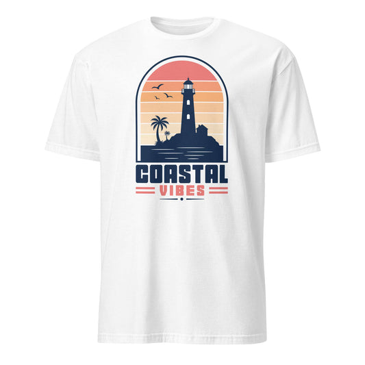A white short-sleeve crewneck t-shirt featuring a retro graphic of a lighthouse on a beach with a sunset background and the text 'COASTAL VIBES'. Shop Nautical Lighthouse Sunset Coastal Graphic T-Shirt Casual Wear, featuring a vivid seaside design for beach lovers, sailors and sunset chasers. Add coastal charm to your wardrobe with the Nautical Lighthouse Sunset Coastal Graphic T-Shirt, perfect for ocean lovers and beach-day vibes. Buy the Nautical Lighthouse Sunset Coastal Graphic T-Shirt.