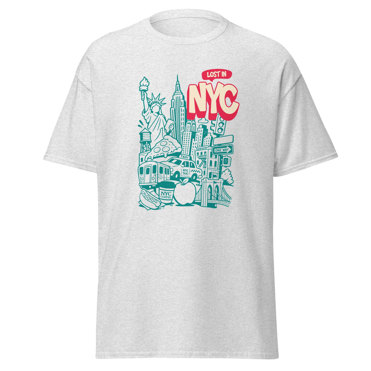 A light gray heather crewneck t-shirt featuring a colorful graphic print of NYC landmarks and the text 'LOST IN NYC' in red and teal. New York City Skyline Doodle Art Graphic T-Shirt Casual Wear Show your city pride with the New York City Skyline Doodle Art Graphic T-Shirt Casual Wear, featuring a playful urban design for everyday style. Buy New York City Skyline Doodle Art Graphic T-Shirt Casual Wear—a comfortable, creative wardrobe essential for NYC lovers and casual outfits. Add artistic city flair.