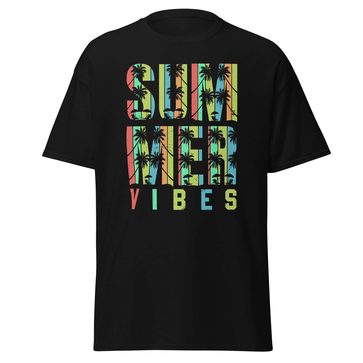 A black short-sleeve t-shirt with a colorful graphic on the chest reading 'SUMMER VIBES' in a retro, multi-colored font filled with a palm tree silhouette pattern, shown against a plain white background.