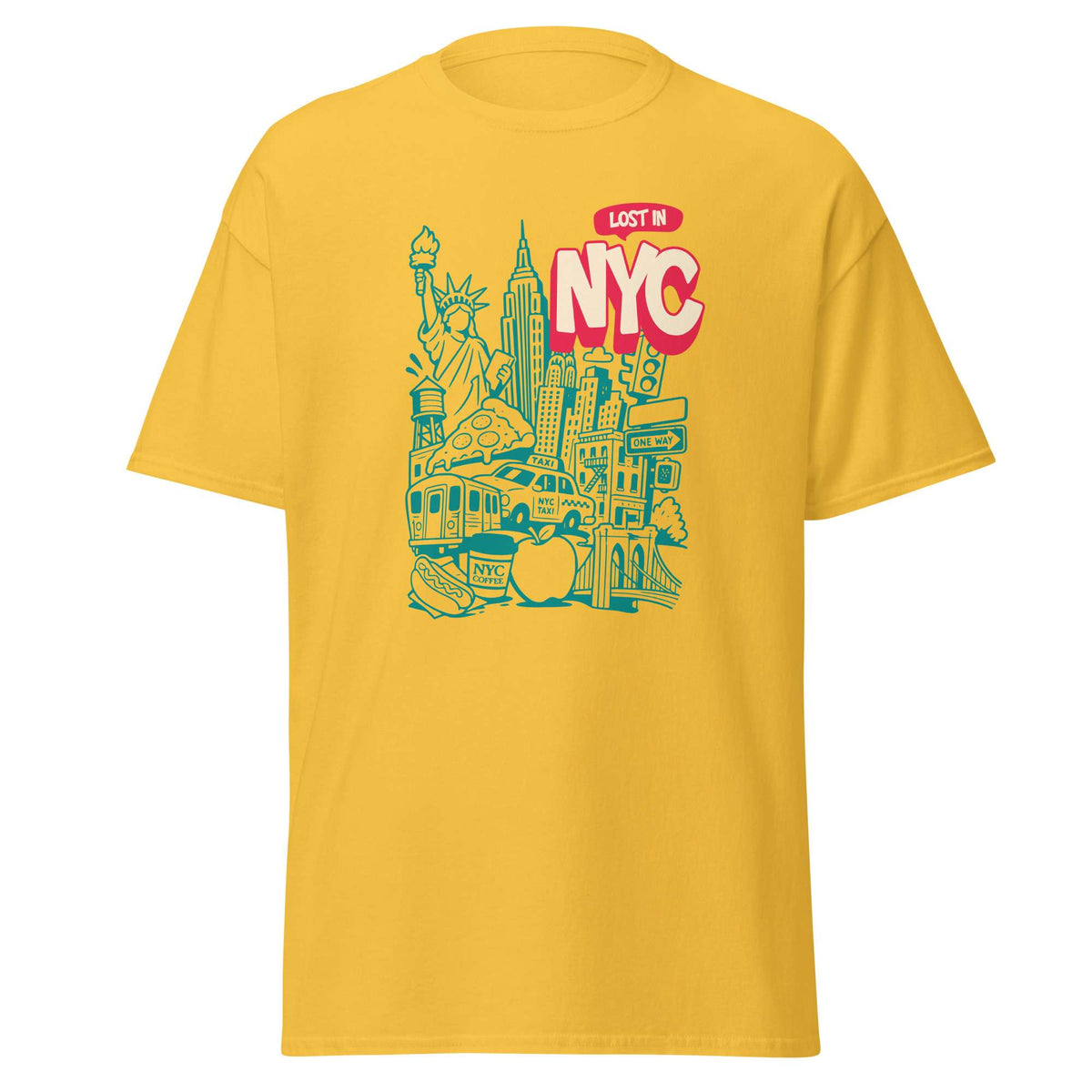 A yellow short-sleeve crewneck t-shirt featuring a colorful graphic print on the front. The graphic shows a stylized illustration of New York City landmarks, including the Statue of Liberty, the Empire State Building, a subway train, and a hot dog, with the text 'LOST IN NYC' in red and white.