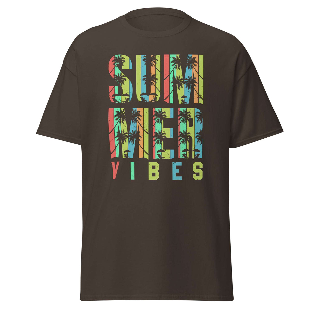 A dark brown short-sleeve t-shirt with a colorful graphic on the chest that reads 'SUMMER VIBES' filled with a palm tree pattern, shown against a plain white background.