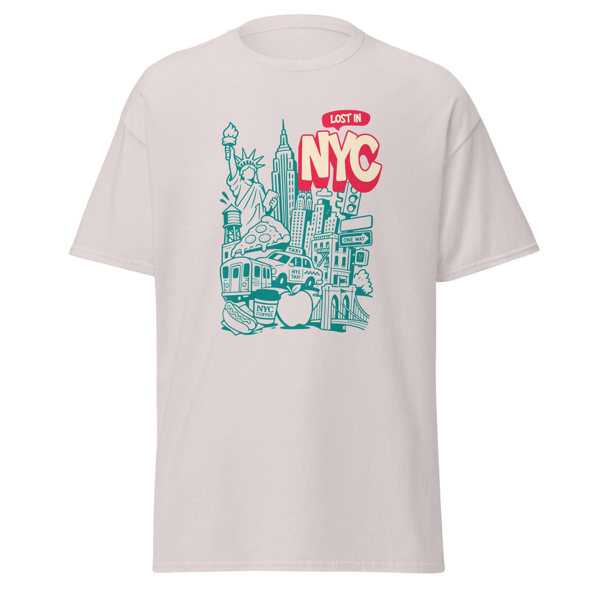 A light beige crewneck t-shirt featuring a colorful graphic print of NYC landmarks and the text 'LOST IN NYC' in red and teal. New York City Skyline Doodle Art Graphic T-Shirt Casual Wear Show your city pride with the New York City Skyline Doodle Art Graphic T-Shirt Casual Wear, featuring a playful urban design for everyday style. Buy New York City Skyline Doodle Art Graphic T-Shirt Casual Wear—a comfortable, creative wardrobe essential for NYC lovers and casual outfits. Add artistic city flair.