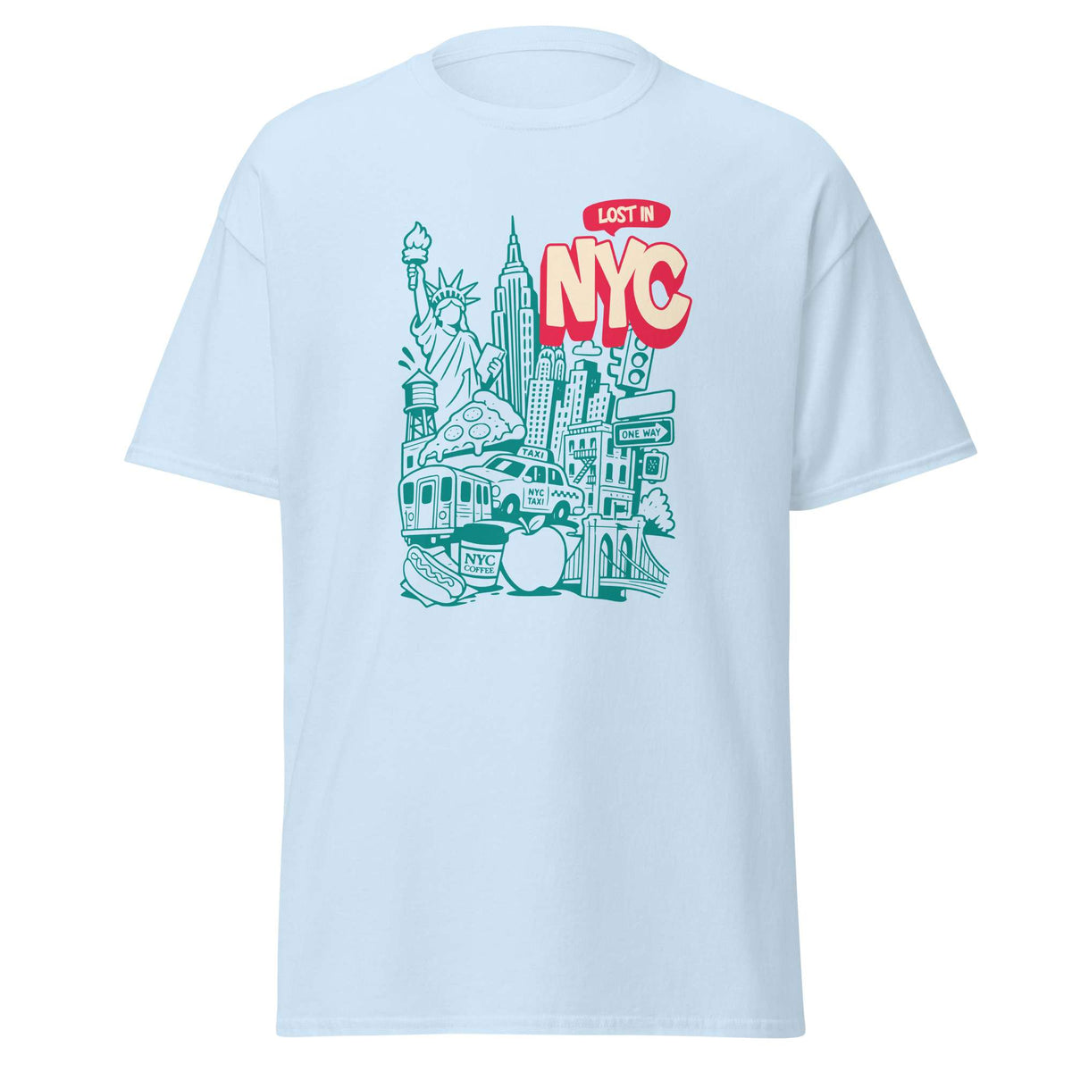 A light blue short-sleeve crewneck t-shirt featuring a graphic print of the Statue of Liberty, NYC skyline, a subway train, and a pizza slice with the text 'LOST IN NYC' in red and teal. New York City Skyline Doodle Art Graphic T-Shirt Casual Wear Show your city pride with the New York City Skyline Doodle Art Graphic T-Shirt Casual Wear, featuring a playful urban design for everyday style. Buy New York City Skyline Doodle Art Graphic T-Shirt Casual Wear—a comfortable, creative wardrobe essential for NYC.