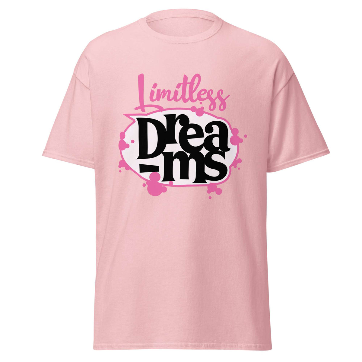 A light pink short-sleeve crewneck t-shirt featuring a graphic on the front with the text 'Limitless Dreams' in pink and black stylized lettering. Motivational Quote Limitless Dreams T-Shirt Casual Wear Shop the Motivational Quote Limitless Dreams T-Shirt Casual Wear design, made for everyday comfort and bold, uplifting style that inspires confidence. Elevate your wardrobe with Motivational Quote Limitless Dreams T-Shirt Casual Wear—comfortable, inspiring, and ready to wear.