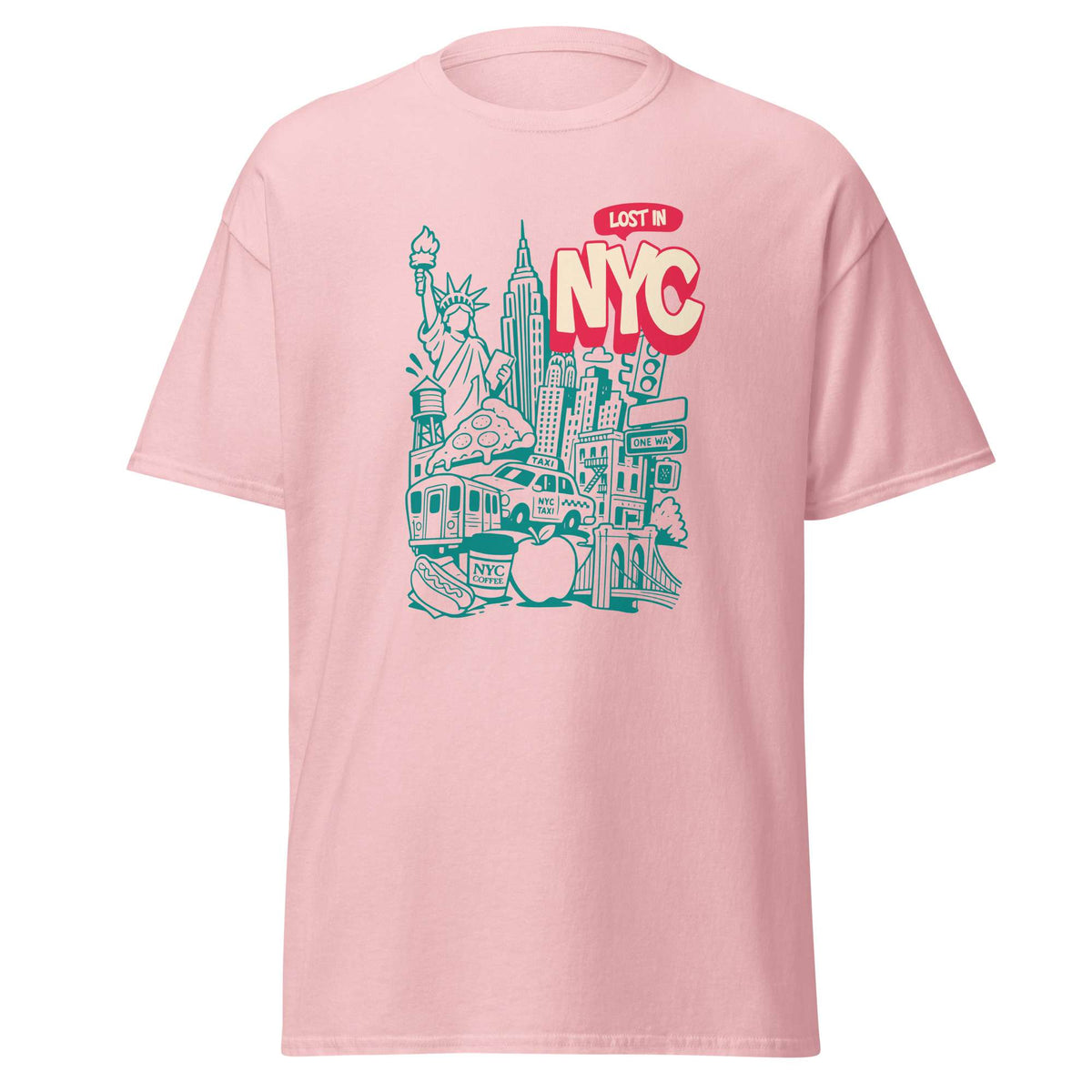 A light pink short-sleeve crewneck t-shirt featuring a graphic print of New York City landmarks, including the Statue of Liberty, Empire State Building, and a subway train, with the text 'LOST IN NYC' in red and white. New York City Skyline Doodle Art Graphic T-Shirt Casual Wear Show your city pride with the New York City Skyline Doodle Art Graphic T-Shirt Casual Wear, featuring a playful urban design for everyday style. Buy New York City Skyline Doodle Art Graphic T-Shirt Casual Wear—a comfortable.