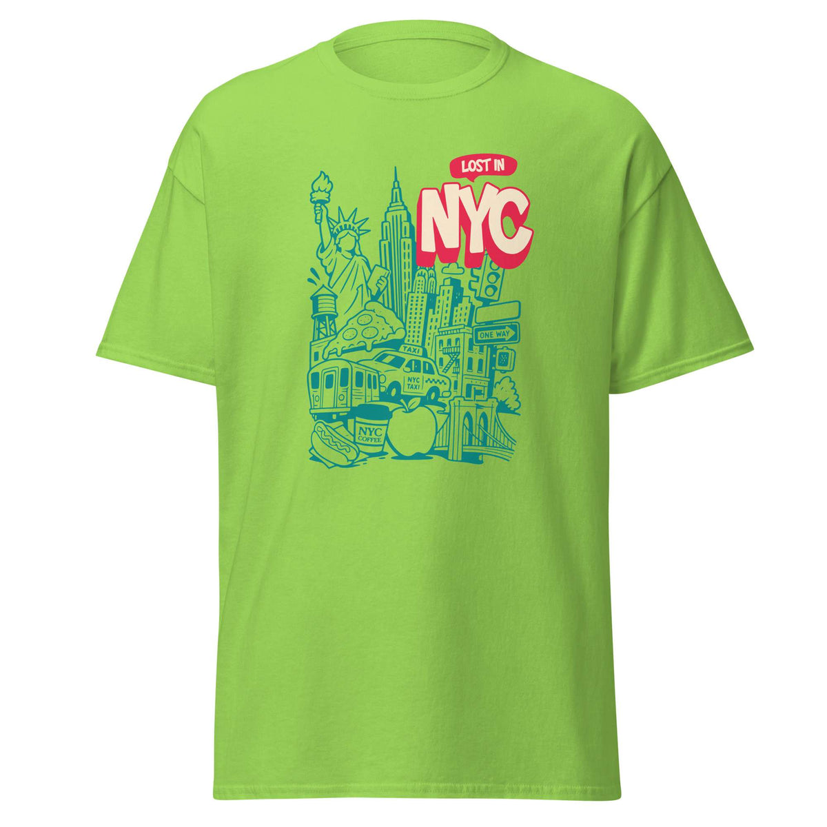 A bright lime green short-sleeve t-shirt with a graphic print on the front. The graphic features a teal illustration of NYC landmarks, including the Statue of Liberty and a subway train, with the text 'LOST IN NYC' in red and white.