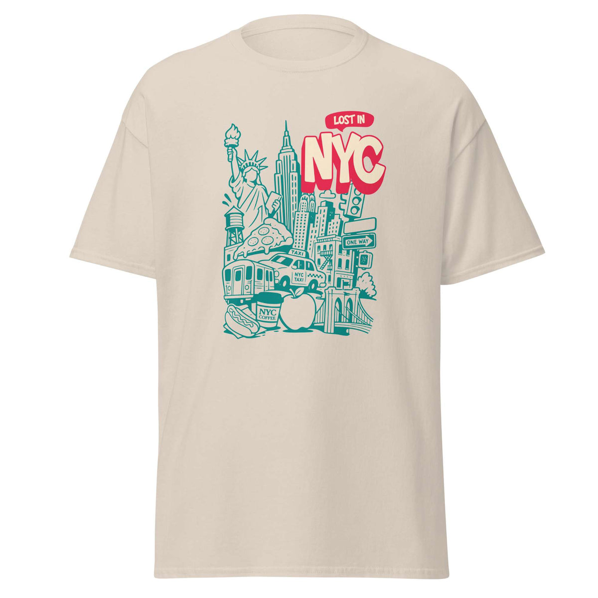 A beige short-sleeve crewneck t-shirt featuring a colorful graphic print of NYC landmarks and the text 'LOST IN NYC' in red and teal. New York City Skyline Doodle Art Graphic T-Shirt Casual Wear Show your city pride with the New York City Skyline Doodle Art Graphic T-Shirt Casual Wear, featuring a playful urban design for everyday style. Buy New York City Skyline Doodle Art Graphic T-Shirt Casual Wear—a comfortable, creative wardrobe essential for NYC lovers and casual outfits. Add artistic city flair.